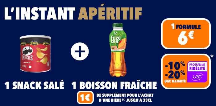 Formule apéritif : 1 snack salé + 1 boisson fraîche à 6€. 1€ supplémentaire pour l'achat d'une bière jusqu'à 33cl